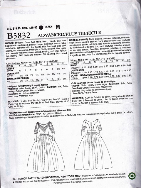 Butterick 5832 Costume Pattern UNCUT E5 19th Century - Click Image to Close