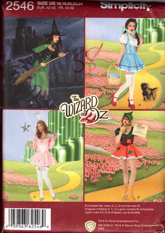 Simplicity 2546 U5 Adult Wizard of Oz Costume Pattern UNCUT - Click Image to Close