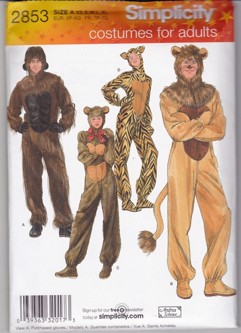 Simplicity 2853 Plush Furry Animal Costume Pattern Adult UNCUT - Click Image to Close