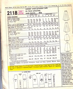 McCall's 2118 Vintage Pattern Cape and Pants